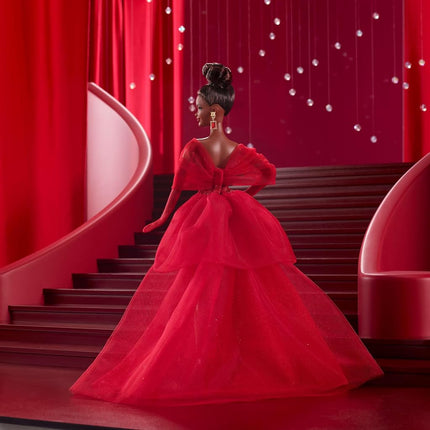 Barbie Signature Doll, Mattel 80th Anniversary Collectible in Glittery Red Tulle Gown with Drop Earrings and Sheer Gloves, Brunette, JBJ18
