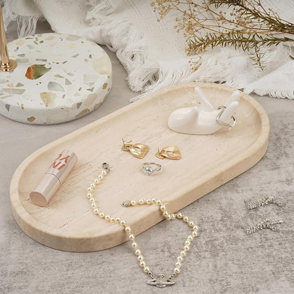 Koville Italian Natural Travertine Vanity Decorative Marble Tray, 12"x6" Light Beige Travertine Wabi Sabi Tray for Countertop Organizer, Catchall Tray for Perfume, Candles, Jewelry