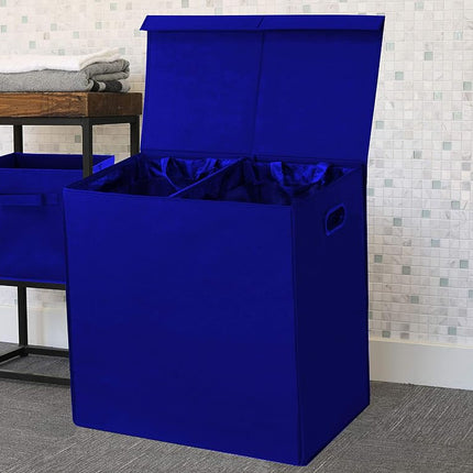 Simplehouseware Double Laundry Hamper with Lid and Removable Laundry Bags, Dark Blue