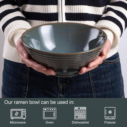 HOKELER Ceramic Japanese Ramen Bowl Set, 2 Sets Asian Pho Udon Soup Noodle Bowls with Spoons and Chopsticks (Olive Green, 8 inches)