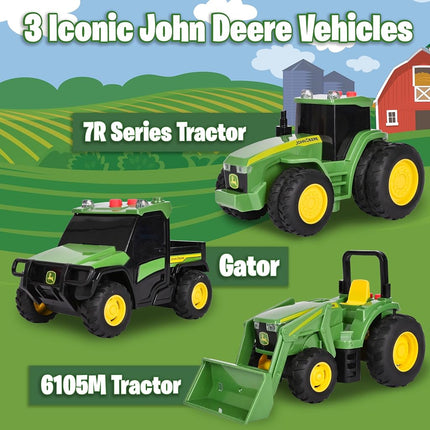 John Deere Mini Farm Vehicles 3 Pack, Toy Vehicles with Lights, Sounds and Friction Rev Motor, 7R Series Tractor, 6105M Tractor and Gator, Party Favor and Gift for Kids 3+