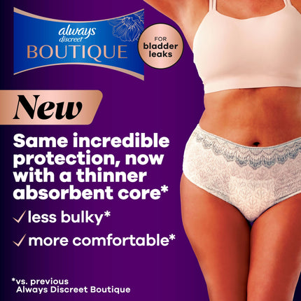 Ropa interior para incontinencia y posparto Always Discreet Boutique para mujer, máxima protección, talla S/M, Rosy, 48 unidades