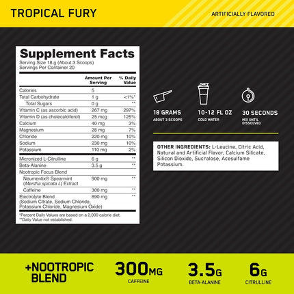 Optimum Nutrition Amped Pre-Workout, Tropical Fury, High-Stim, 300g Caffeine, 6g L-Citrulline, 3.5g Beta Alanine, 890mg Electrolytes, Patented Neumentix Nootropic