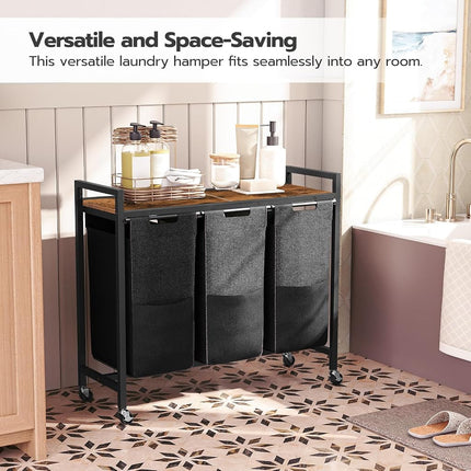 HOOBRO Laundry Sorter 3 Section,Rolling Laundry Hamper with Wheels, 3 × 11.5 Gal (43.5 L), Pull-Out and Removable Oxford Fabric Laundry Bags, Rustic Brown and Black BF76XY01