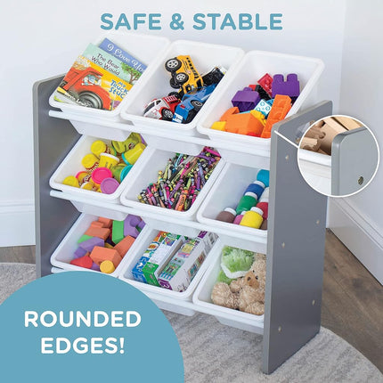 Humble Crew Wooden Toy Storage Organiser for Children & Toddlers, with 9 BPA Free Plastic Removeable Storage Bins, Ideal for Storing Toys, Games, Books and Craft Supplies - Grey/White
