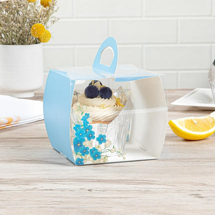 Restaurantware-4 Inch x 4.25 Inch Individual Cupcake Boxes, 100 Disposable Cupcake Display Boxes - with Handle, Flower Accent, Clear Plastic Single Cupcake Containers, for Weddings Or Birthdays