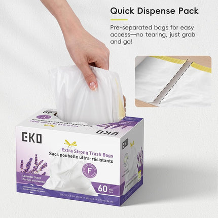 EKO 40-60L Drawstring Bin Liners, 60 Count Lavender Rubbish Bags, Code F
