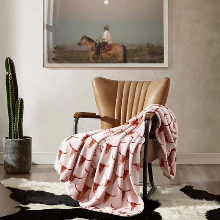Wrangler - Throw Blanket, Soft Plush Fleece Bedding, Yellowstone Inspired, Western Decor for Bed or Couch (Steer Head Peach, 50" x 70")