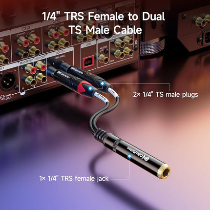 Cable Matters 2-Pack 1/4 TRS to Dual TS Stereo Audio Splitter Cable (Dual 1/4 Inch TS to TRS Female Adapter) in Black - 6 Inches / 0.15 Meters