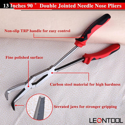 LEONTOOL Long Reach 90 Degree Bent Nose Pliers 13-Inch Dual Pivot Double Joint Serrated Jaw Angled Needle Nose Extra Extended for Narrow Spaces and Limited Areas