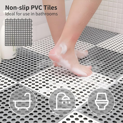 16 Pack 12" x 12" Interlocking Floor Tiles with Drain Holes, Soft PVC Non-Slip Shower Floor Mat Modular Interlocking Cushion Mat with Outdoor and Indoor Grey
