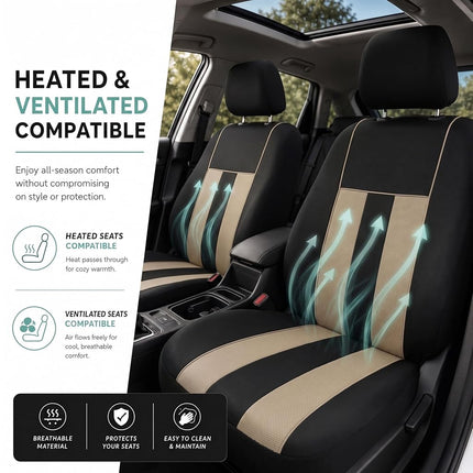 FH GROUP Car Seat Covers Full Set Cloth - Universal Fit,Automotive SeatCovers,Low Back Front SeatCovers,Airbag Compatible,Split Bench Rear Seat,Washable Car SeatCover for SUV, Sedan, Van Beige