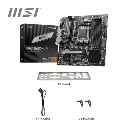 MSI PRO B650M-P Motherboard, Micro-ATX - Supports AMD Ryzen 9000/8000 / 7000 Series Processors, AM5 - DDR5 Memory Boost 6000+MHz/OC, 1 x PCIe 4.0 x16, 2 x M.2 Gen4, 2.5G LAN
