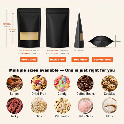 FireKylin 100 Pcs Resealable bags,7.1" x 10.2" Stand Up Black Kraft Paper Bags with Matte Window, Zip Lock Food Storage Bags for Packaging Products, Reusable, Sealable