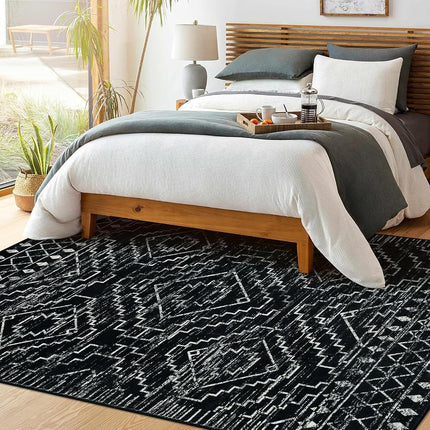 Wonnitar Moroccan Washable Area Rug 5x7, Black Large Rug for Living Room, Non-Slip Boho Bedroom Throw Mat, Low Pile Stain Resistant Geometric Floor Carpet for Dining Table Kitchen Dorm (Black,5'x7')