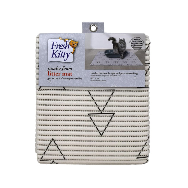 Fresh Kitty Durable XL Jumbo Foam Litter Mat – Phthalate and BPA Free, Water Resistant, Traps Litter from Box, Scatter Control, Easy Clean Mats – White Triangles 40" x 25"