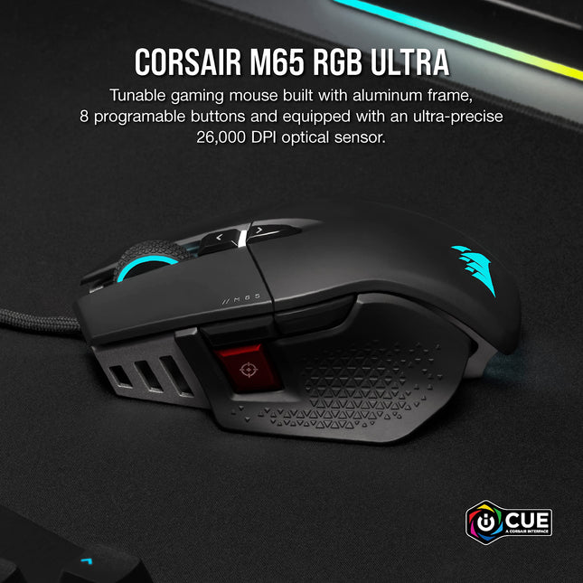 Ratón Gaming Corsair M65 RGB Ultra Tunable FPS Sensor Óptico Marksman de 26 000 PPP, Switches Ópticos, Tecnología de Hiperprocesamiento AXON, Control de Fusión de Sensores, Sistema de Peso Ajustable - Negro