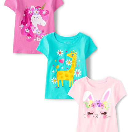 The Children's Place Baby and Toddler Girls' Animal Short Sleeve Graphic T-Shirts, Multipack, Unicorn/Giraffe/Bunny, 2T