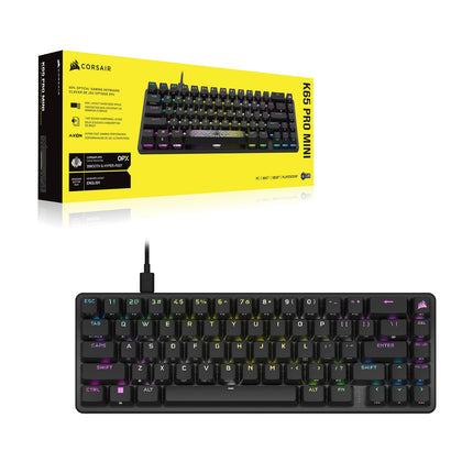 Teclado mecánico-óptico para juegos Corsair K65 PRO Mini RGB 65 % con cable - Interruptores OPX - Teclas de doble inyección de PBT - Compatible con iCUE - Distribución QWERTY NA - Negro