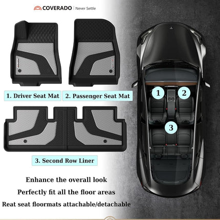 Coverado Floor Mats for 2024 2025 Tesla Model 3, Custom Fit All Weather TPE Cargo Liner Floor Mats Full Set, Waterproof Car Mats Trunk Floor Mat Tesla Model 3 Accessories,Front & Rear