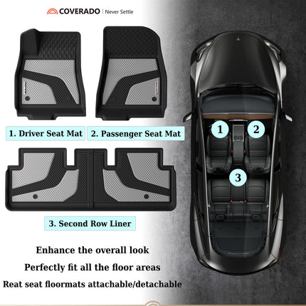Coverado Floor Mats for 2024 2025 Tesla Model 3, Custom Fit All Weather TPE Cargo Liner Floor Mats Full Set, Waterproof Car Mats Trunk Floor Mat Tesla Model 3 Accessories,Front & Rear