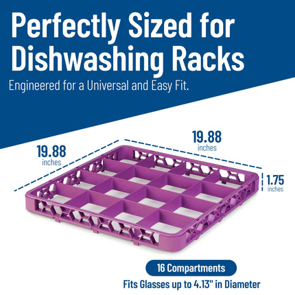 Carlisle FoodService Products Opticlean Plastic Glass Rack, Divided Extender with 16 Compartments for Cleaning, Factories, 19.875 X 19.875 X 1.75 Inches, Lavender