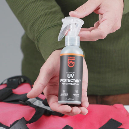 GEAR AID UV Protectant and Conditioner Spray to Prevent Cracking Discoloration and Fading Apply to Outdoor Gear Made of Plastic Vinyl Neoprene Tents Boat Covers Kayaks and More 4 fl oz