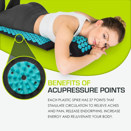 ProsourceFit Acupressure Mat and Pillow Set for Back/Neck Pain Relief and Muscle Relaxation, Large - Black/Aqua