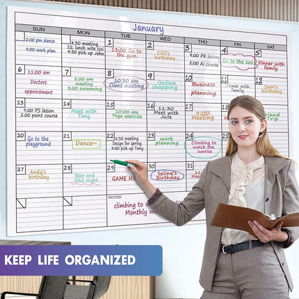 Calendario de pared mensual de borrado en seco extragrande de 38" x 50", pizarra blanca laminada de borrado en seco, calendario en blanco, 30 días, líneas cuadradas