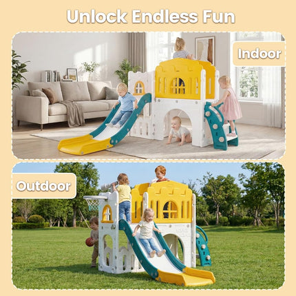 OLAKIDS Toddler Slide, 9 in 1 Kids Indoor Outdoor Playground with Climber Basketball Hoop Telescope Tunnel Corridor Toy Storage Steering Wheel for Boys Girls Aged 1+