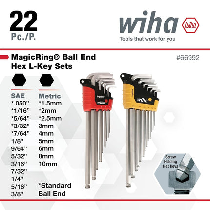 Wiha 66992 MagicRing Ball End Hex L-Key Set in Holders, 22 Piece