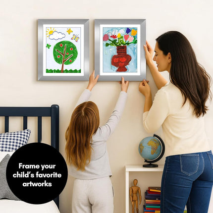 Americanflat - 2 Pack - Kids Artwork Display Frame Changeable (Silver) - Magnetic Door Holds 100 Art Pieces - A4 Size Display with Mount or 10x12.5 Without Mount - My Mini Masterpiece