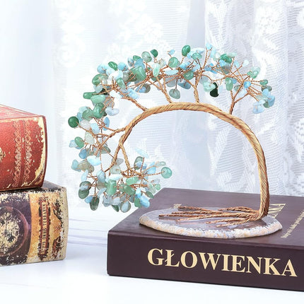 mookaitedecor Green Aventurine & Aquamarine Crystal Money Tree Agate Slice Base Feng Shui Bonsai Crystal Tree for Wealth Luck Desk Decor, 4.5-5.2 Inch High