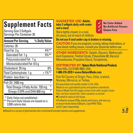 Nature Made Omega-3 Fish Oil, Odorless, 1200mg, 60 Softgels