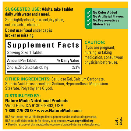 Nature Made Zinc 30 mg Tablets, 100 Count for Immune System Support† (Packaging May Vary)