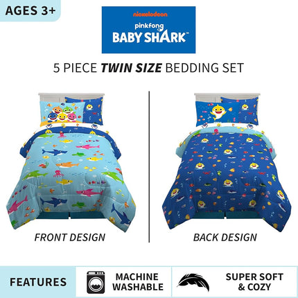 Franco Comforter and Sheet Set with Sham, Microfiber, Baby Shark, 5 Piece Twin Size