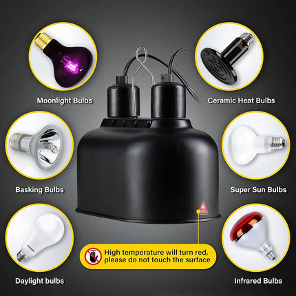 Simple Deluxe Reptile Lamp Fixture Aluminum Dome Light Dual Deep Cap Integration Design Heat-Lighting Lamp Double Sockets Bulbs Holder with Independent Switches, for Amphibians Terrarium, Turtle Tank