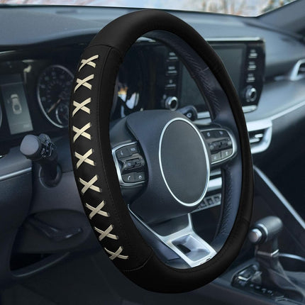 FH Group FH2022 Universal 15 Inch Beige Genuine Leather Steering Wheel Cover with Lace-Up Detailing