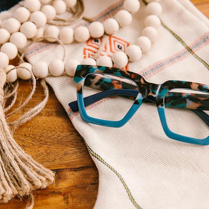 Peepers by PeeperSpecs Women's Take a Bow Square Blue Light Blocking Reading Glasses, Teal Botanico/Teal, 51