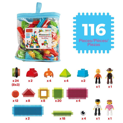 Picasso Toys 116pc Hedgehog Construction Building Blocks Toy Set Interlock Tiles with Idea Book, 4 Action Figure Characters, 4 Decorative Eyes STEM Learning Kit Playset for Boys Girls 3 and Up PTB116
