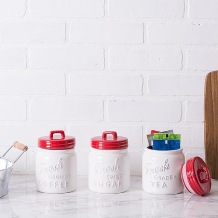 DII 3-Piece Classic Ceramic Food Storage Canisters with Airtight Lid for Sugar, Coffee, & Tea - Red