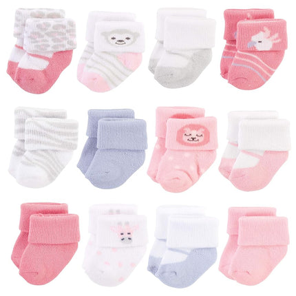 Hudson Baby Baby Girls' Cotton Rich Newborn and Terry Socks, Girl Safari, 0-3 Months