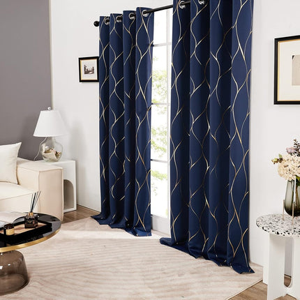 Deconovo Gold Wave Foil Print Blackout Curtains, 52W x 84L Inch, Navy Blue, 1 Pair, Grommet Light Blocking Room Darkening Curtain, Noise Reducing Window Drapes for Living Room Bedroom