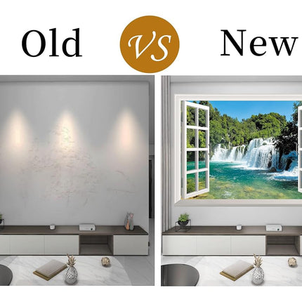 FLFK Fake Window Wall Sticker - Waterfall Faux Window Wall Mural for Wall Decor, Stick and Peel Wall Decals, 48"x32", Set of 2 Sheets