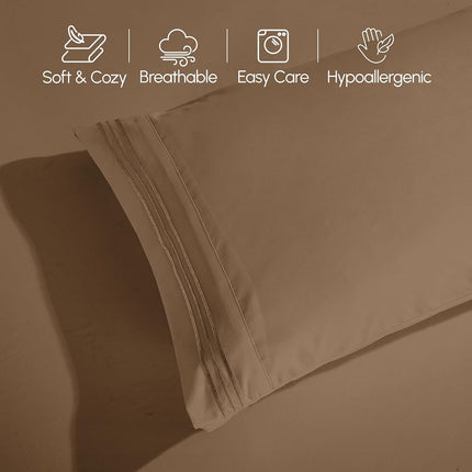 Elegant Comfort Luxurious 1500 Premium Hotel Quality Microfiber Three Line Embroidered Softest 4-Piece Bed Sheet Set, Wrinkle and Fade Resistant, RV Short Queen, Taupe