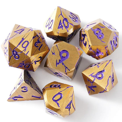 Metal Dice for DND - Ancient Cracked Pharaoh Ruins - Gold Purple Cracks