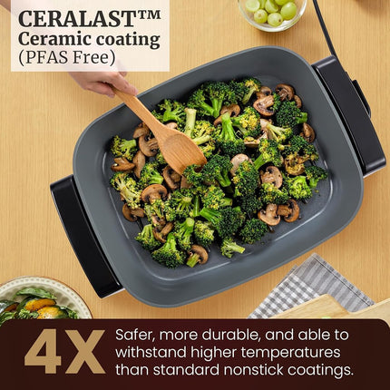 Elite Gourmet EG2615 15" x 12" x 4� Electric Skillet, Durable Xtra Deep Dish, PFAS Free Ceralast� Ceramic Non-stick, 1500W Rapid Heat, Tempered Glass Vented Lid, Dishwasher Safe, 12.5 Qt., Black/Gray