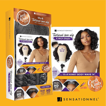 CKCO Kinky Edge Body Wave 14 Inch Lace Wigs - Sensationnel 13x6 Lace Wigs - Glueless Synthetic Wig - DarkBrown