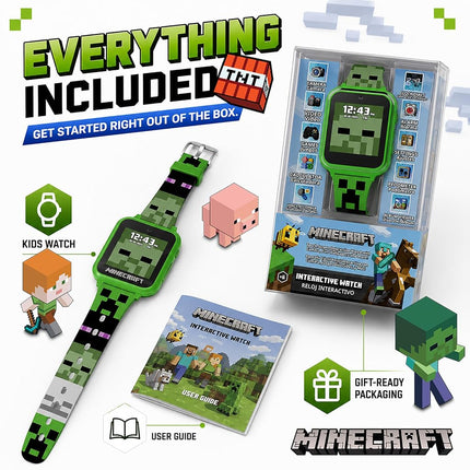 Minecraft Children's Smart Watch, Interactive Watch with LED Display with 10 Personalized Dials, Games, Camera, Alarm, Pedometer and More, Funny Technology Gift for