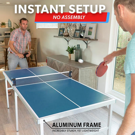 GoSports 6 ft x 3 ft Mid-size Table Tennis Game Set - Indoor/Outdoor Portable Table Tennis Game with Net, 2 Table Tennis Paddles and 4 Balls - Blue